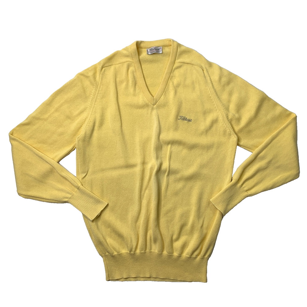 Vintage Titleist Sweater Mens L Large Yellow Knit Cotton V Neck Golf Made USA
